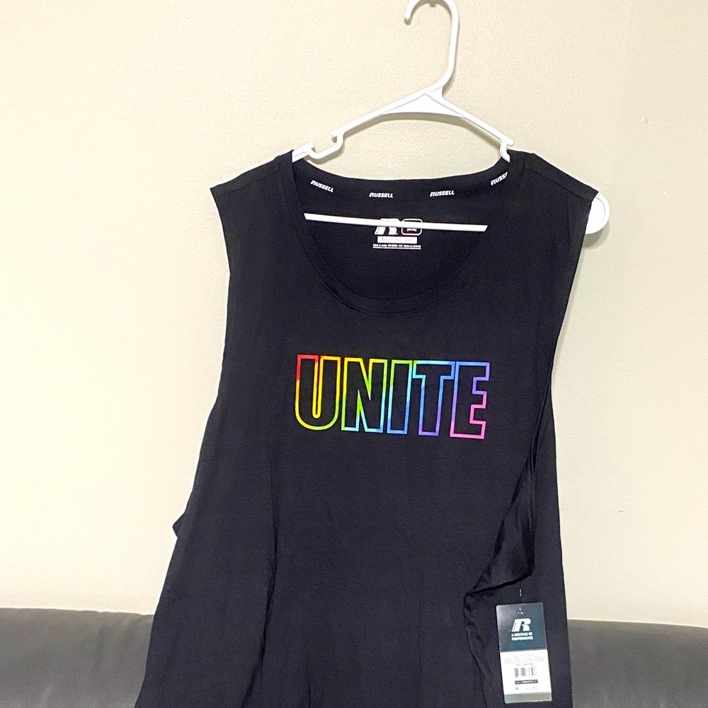 Russell Athletic Black Muscle Tee with Rainbow 'Unite' Graphic